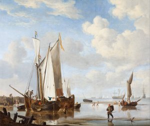 A wijdschip and a kaag in an inlet close to a sea-wall by Willem Van De Velde The Younger Oil Painting