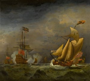 An English man-o'-war saluting an English royal yacht, in choppy seas by Willem Van De Velde The Younger Oil Painting