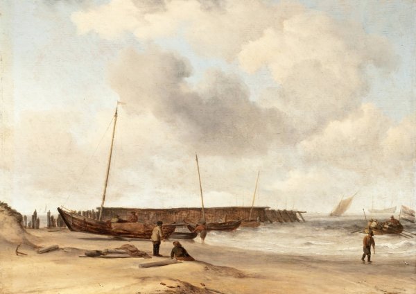 Beach with a Weyschuit Pulled up on Shore  by Willem Van De Velde The Younger - Hand-Painted Oil Painting Reproduction