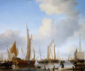 Calm- A States Yacht under Sail close to the Shore with many other Vessels by Willem Van De Velde The Younger Oil Painting