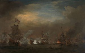 Encounter during the Battle of Kijkduin by Willem Van De Velde The Younger Oil Painting