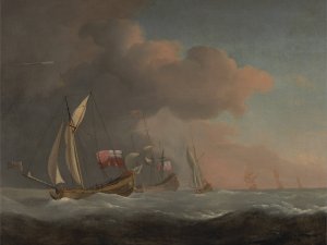 English Royal Yachts at Sea in a Strong Breeze, in Company with a Ship Flying the Royal Standard by Willem Van De Velde The Younger Oil Painting