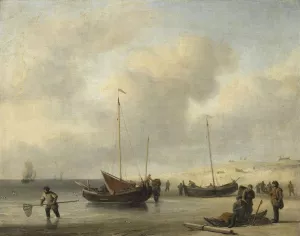 Fishing Boats on Shore by Willem Van De Velde The Younger Oil Painting