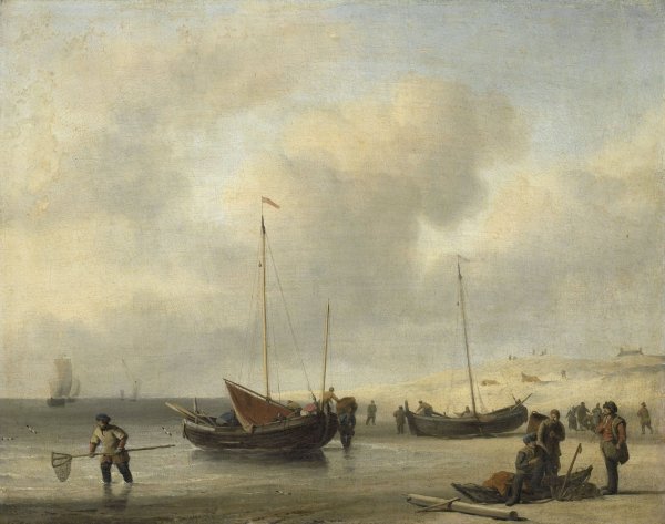 Fishing Boats on Shore  by Willem Van De Velde The Younger - Hand-Painted Oil Painting Reproduction