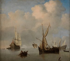 Mer calme; deux petits cabotiers neerlandais a l'ancre bord-a-bord. Marine by Willem Van De Velde The Younger Oil Painting
