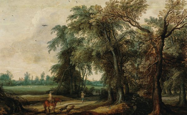 Main Product Photo of A wooded landscape with hunters Painting by Willem Van Den Bundel