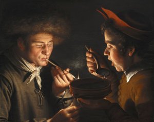 A Man Smoking And Another Man Eating By Candlelight by Willem Van Der Vliet Oil Painting