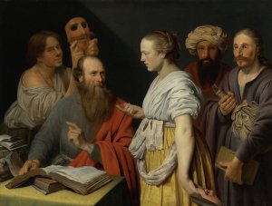 A Scholar In His Study With Figures With Masks, Possibly An Allegory by Willem Van Der Vliet Oil Painting