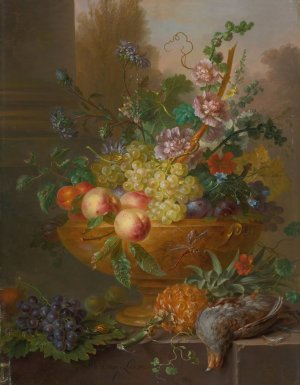 An urn filled with flowers, grapes, peaches, plums and apricots, a pineapple and a pigeon in the foreground by Willem Van Leen Oil Painting