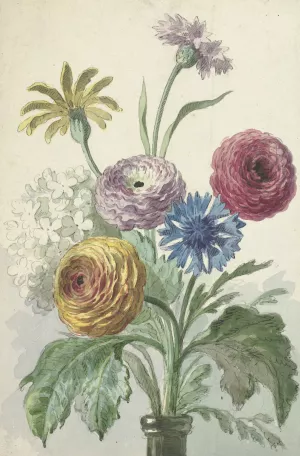 Boeket bloemen in de hals van een groene vaas by Willem Van Leen Oil Painting