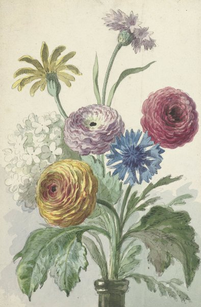Main Product Photo of Boeket bloemen in de hals van een groene vaas  Painting by Willem Van Leen