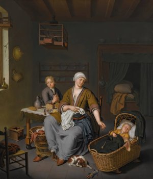 A Young Mother Tending To Her Two Children In A Domestic Interior by Willem Van Mieris Oil Painting