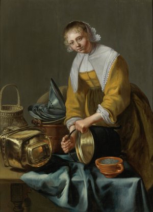 A Kitchen Maid Standing By a Table With Copper Pots, Pewter Plates And Other Objects by Willem Van Odekercken Oil Painting