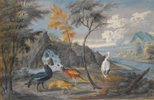 A stork, a pheasant, a blackcock and another bird in a landscape by Willem Van Royen II Oil Painting