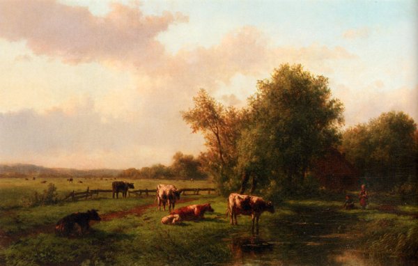 A Landscape with Cows on a Riverbank, a Farm Beyond