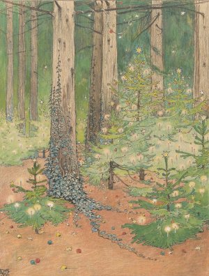 Bos met versierde en verlichte kerstbomen by Willem Wenckebach Oil Painting
