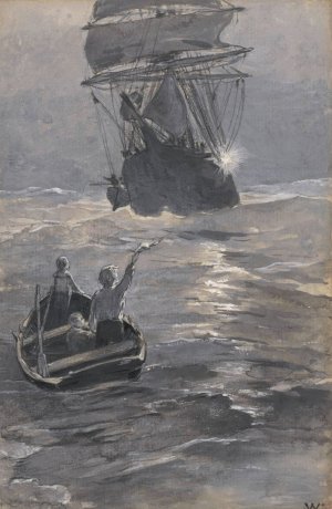 Jongens seinen naar een schip vanaf een zinkende roeiboot by Willem Wenckebach Oil Painting