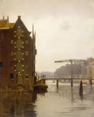 Pakhuizen aan een Amsterdamse gracht op Uilenburg Oil painting by Willem Witsen