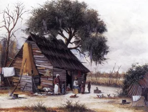 Cabin Scene with Stretched Hide on Weatherboard and Stock Chimney Covered by William Aiken Walker Oil Painting