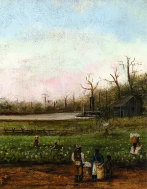 Cottonfield with Bayou, Steamboat, Road, Cabin and Fieldhands by William Aiken Walker Oil Painting