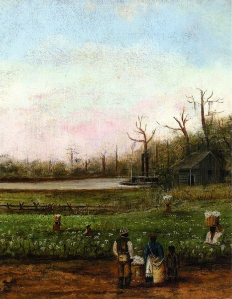 Main Product Photo of Cottonfield with Bayou, Steamboat, Road, Cabin and Fieldhands Painting by William Aiken Walker