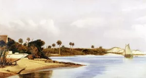 Florida Beach Scene with Beached Boat and Sailboat in Water painting by William Aiken Walker