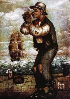 Man on Dock Lighting Pipe painting by William Aiken Walker