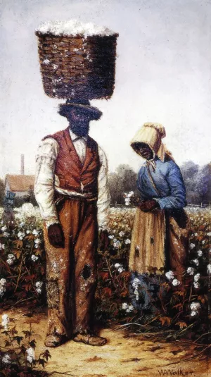 Negro Couple in Cotton Field, Woman with Yellow Bonnet by William Aiken Walker - Oil Painting Reproduction