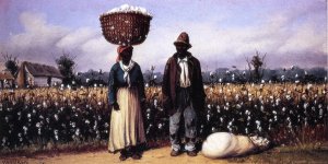Negro Man and Woman in Cotton Field with Cotton Basket and Cotton Bag