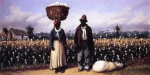 Negro Man and Woman in Cotton Field with Cotton Basket and Cotton Bag Oil painting by William Aiken Walker