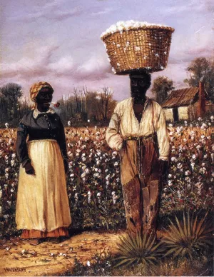 Negro Man and Woman in Cotton Field with Cotton Baskets painting by William Aiken Walker