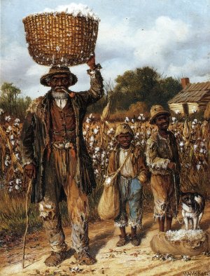 Negro Man, Two Boys and Dog in Cotton Field
