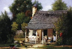 North Carolina Cabin with Scalloped Trim on Roof and Wild Cannas painting by William Aiken Walker