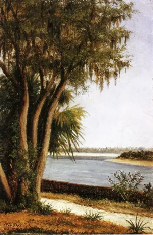 River, Tree, City on Horizon by William Aiken Walker - Oil Painting Reproduction