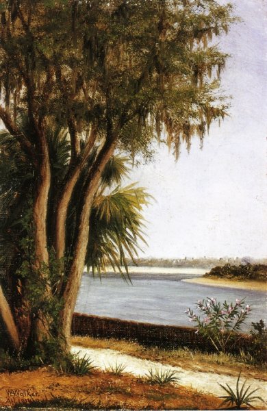 Main Product Photo of River, Tree, City on Horizon Painting by William Aiken Walker