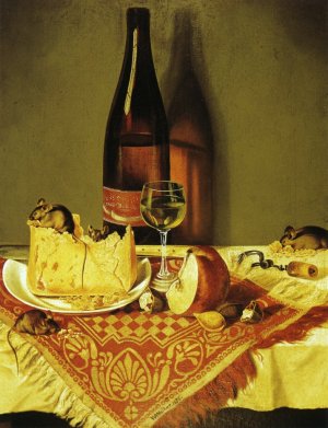 Still Life with Cheese, Bottle of Wine and Mouse Oil painting by William Aiken Walker