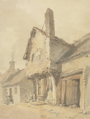 A Village Street, Figures by Old Cottages Oil painting by William Alexander