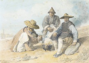 Three Chinese Figures Smoking, The Bridge Pagoda, Shanghai Beyond by William Alexander Oil Painting
