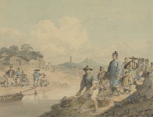 View in China; Figures with Pagoda and Mountain by William Alexander Oil Painting