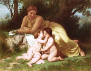 Young Woman Contemplating Two Embracing Children