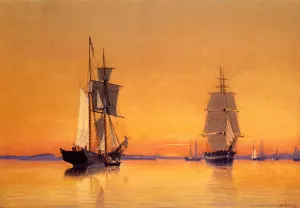 Ships in Boston Harbor at Twilight painting by William Bradford