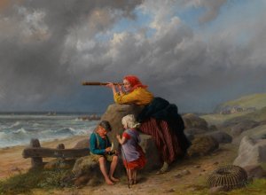 Awaiting The Return Of Fishing Boats by William Bromley Oil Painting