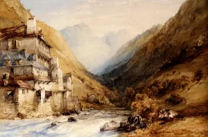 A Figure Fishing In A Mountain Stream Oil painting by William Callow
