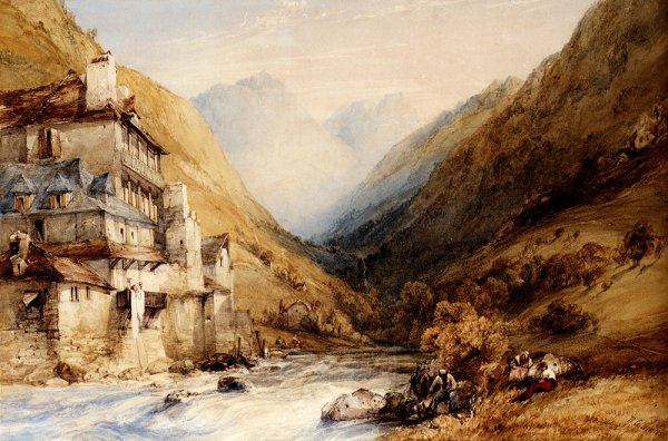 Main Product Photo of A Figure Fishing In A Mountain Stream Painting by William Callow