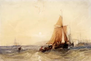 Fishing Boats Off The Coast At Sunset by William Callow Oil Painting