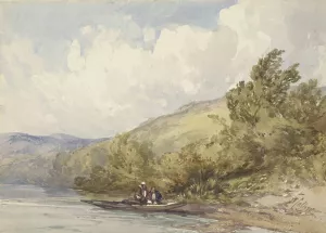 Heuvellandschap met een meer en een boot met twee figuren by William Callow Oil Painting