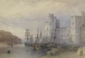 Landschap met schepen voor Caernarvon Castle by William Callow Oil Painting