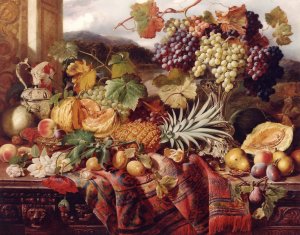 Still Life with Mixed Fruit and a Rug with Landscape Beyond by William Duffield Oil Painting