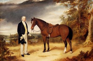 A Gentleman Holding a Chestnut Hunter in a Wooded Landscape