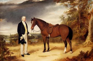 A Gentleman Holding a Chestnut Hunter in a Wooded Landscape Oil painting by William Edward Webb